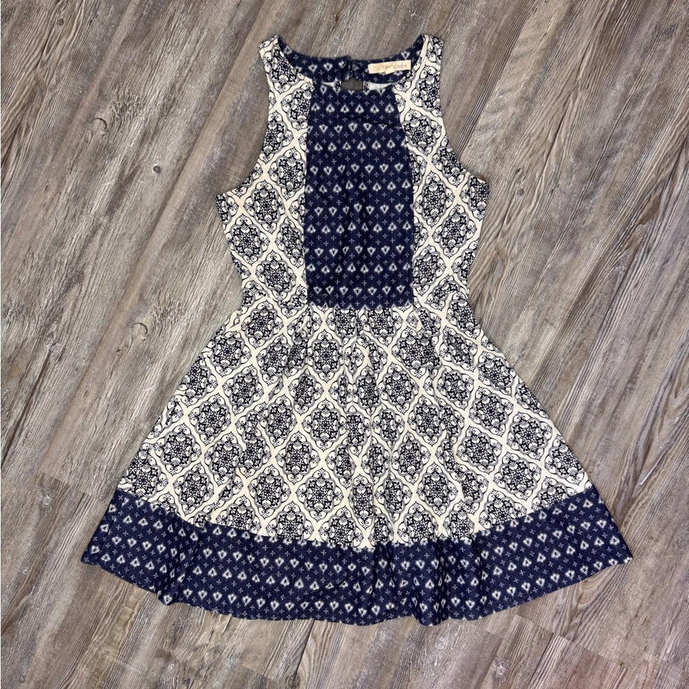 Rewind Womens Blue Medallion Boho Dress Backless High Neck Fit and Flare Medium